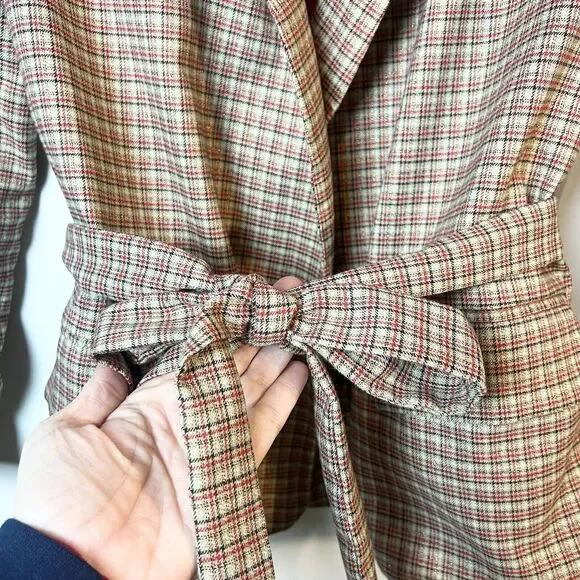 FRNCH Paris Plaid Blazer Jacket Tan Red Black Belted Women’s M - Picture 2 of 12